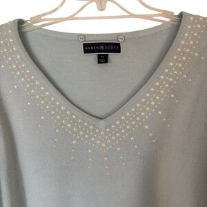 Karen Scott Women Sweater X-Large Blue Long Sleeve V Neck Casual Pullover Pearls